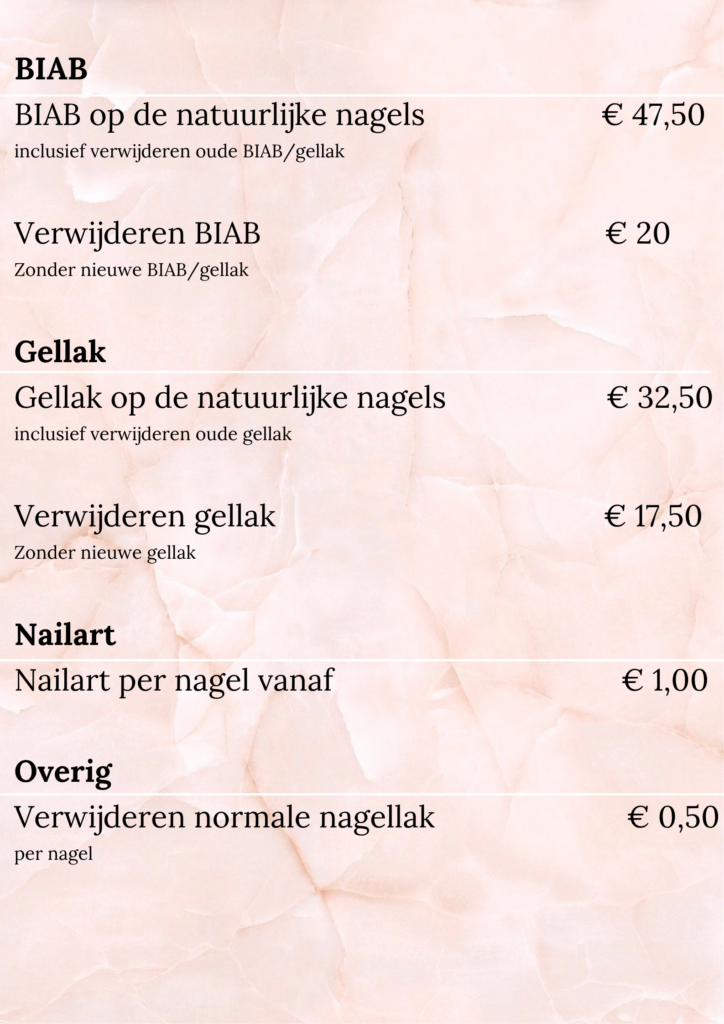 Prijslijst biab gellak Zoetermeer oostermeer nagelstudio