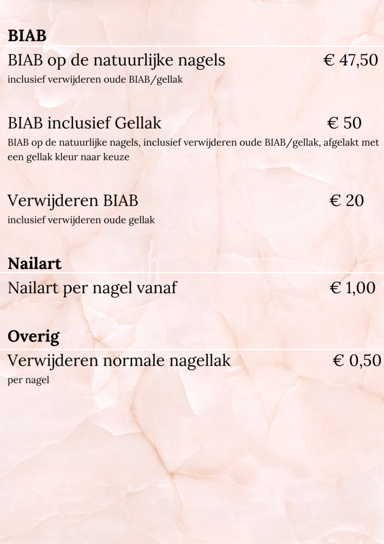 prijslijst biab Zoetermeer oosterheem nagelstudio nagelsalon